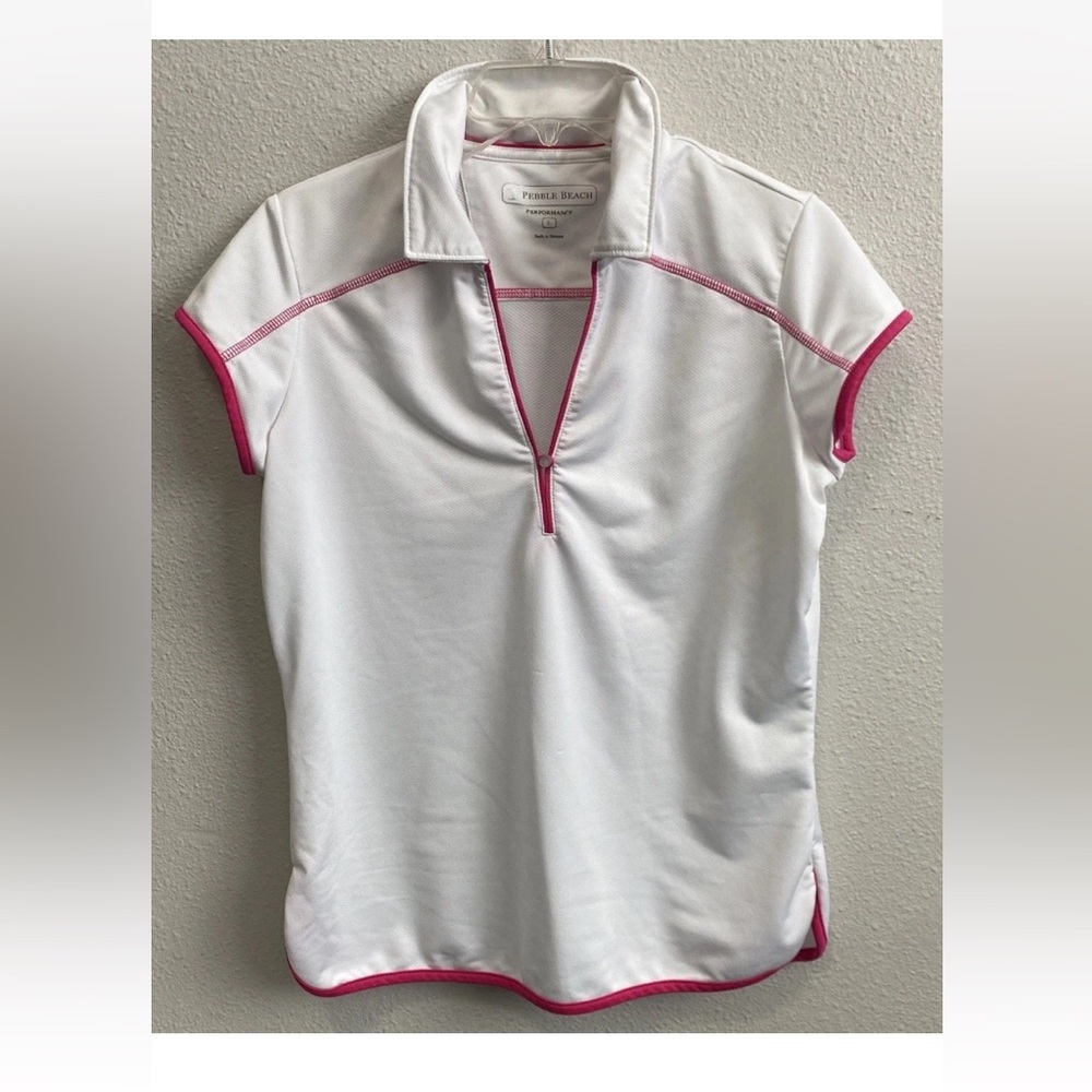 Pebble Beach Dry-Luxe Performance Women Golf Polo Top, Size Large White Pink